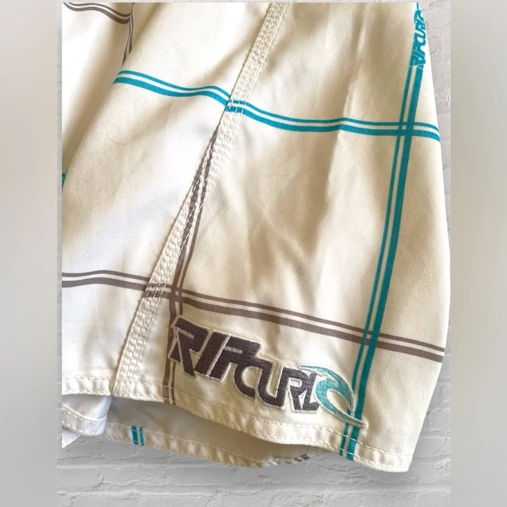 Rip Curl Men's Swim Boardshorts Size 33 White Blue Checker Pocket Lace-Up Close - Picture 3 of 6